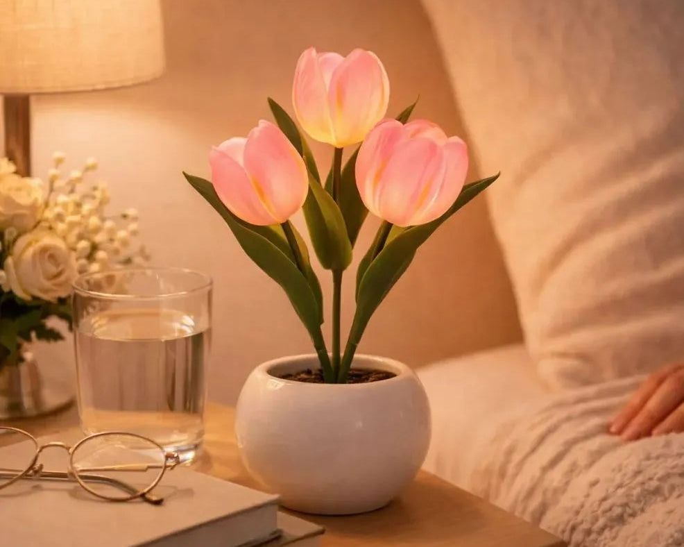 Tulip night light lamp on a side table