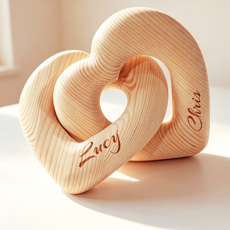 Personalized infinity heart wood sculpture engraved with two names