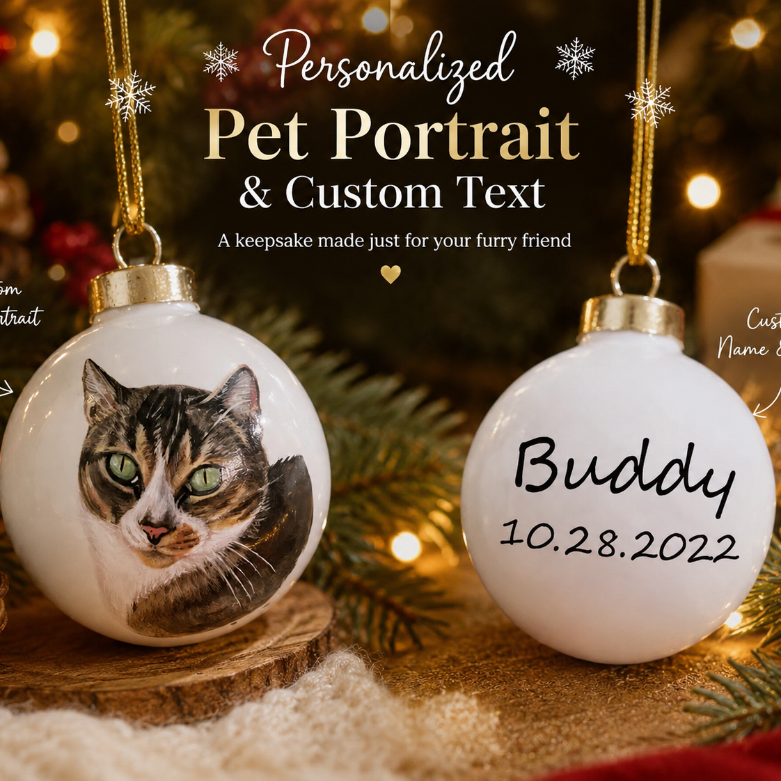 Custom Watercolor Pet Photo Christmas Ornament