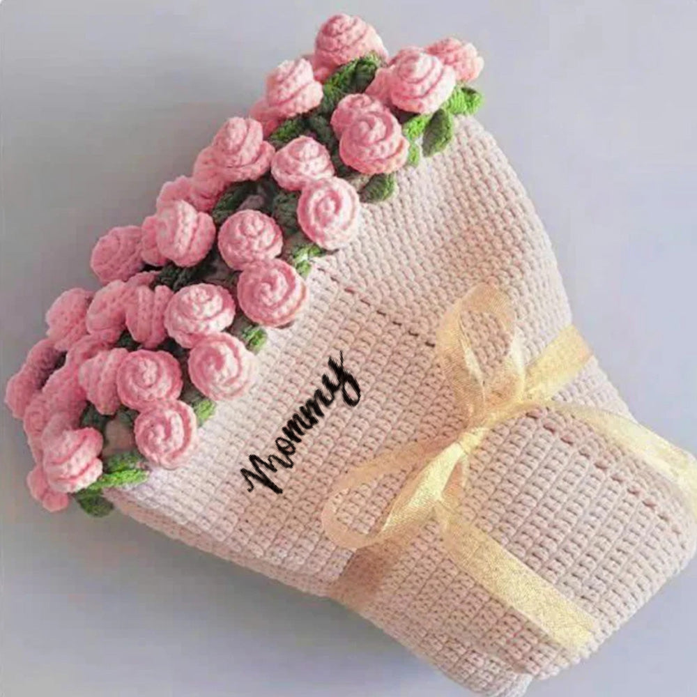 Hand-knitted rose bouquet with custom name for Mom