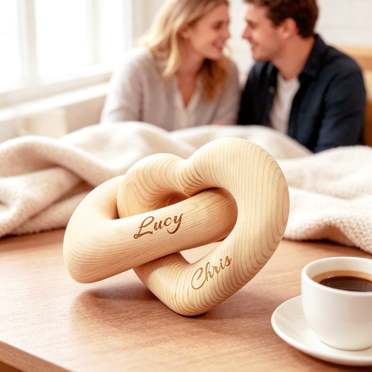 Couple with their personalized infinity heart sculpture on a table
