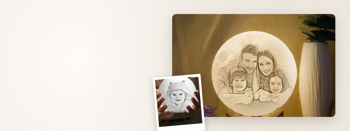 Personalized photo moon lamp with an engraved family portrait, and a detail of the lamp held in two hands