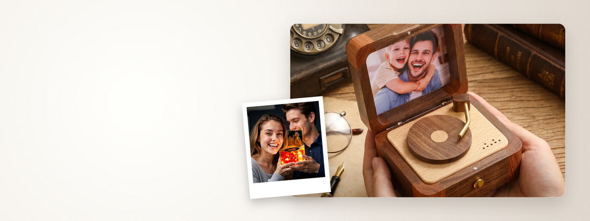 Personalized wooden record player music box with their photo, hand-cranked – Fondkeep Music & Sound Gifts