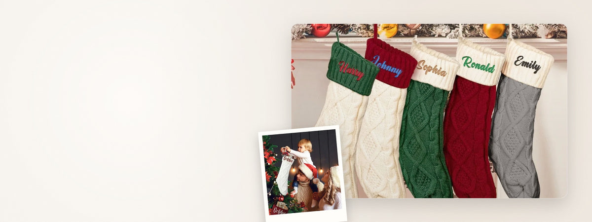 Knitted Christmas stockings with embroidered names on a mantel, and a child hanging a stocking on the tree